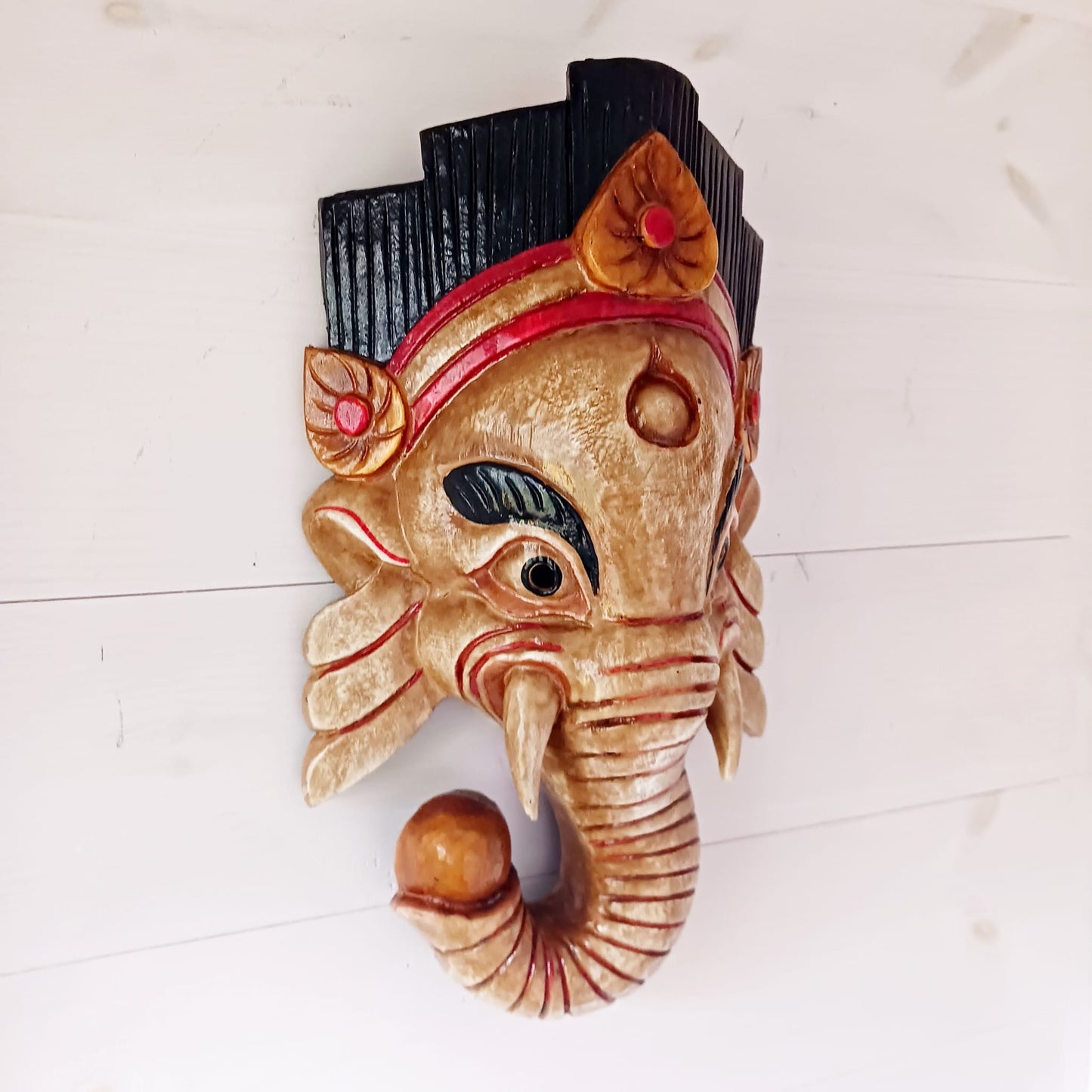 Hand Carved Ganesh Wooden Mask | Wall Hanging | Cream