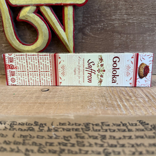 Experience the exotic and sacred aroma of Goloka Saffron incense, a harmonious blend of rare herbs, flowers, honey, resins, and essential oils. Crafted with care using traditional methods, this pure fragrance fills your space with calm, devotion, and uplifting energy.

Free from toxic materials, each hand-rolled stick invites you to breathe deeply and connect with peaceful intentions. Saffron, prized for centuries, is known to inspire joy, clarity, and spiritual warmth — perfect for meditation, prayer, or s