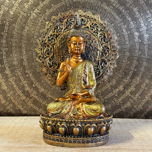 Buddha of Reassurance statue 18.5 cm with Abhaya Mudra, halo, and throne.