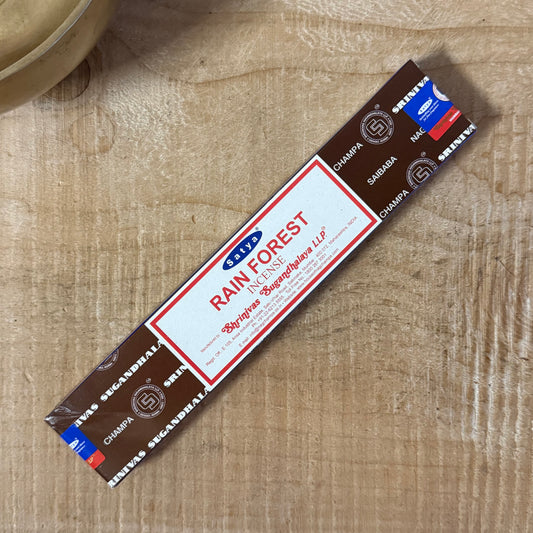 Satya Rain Forest incense sticks 15g. Authentic Satya Sai Baba masala incense for meditation, relaxation, and creating a fresh, calming space.
