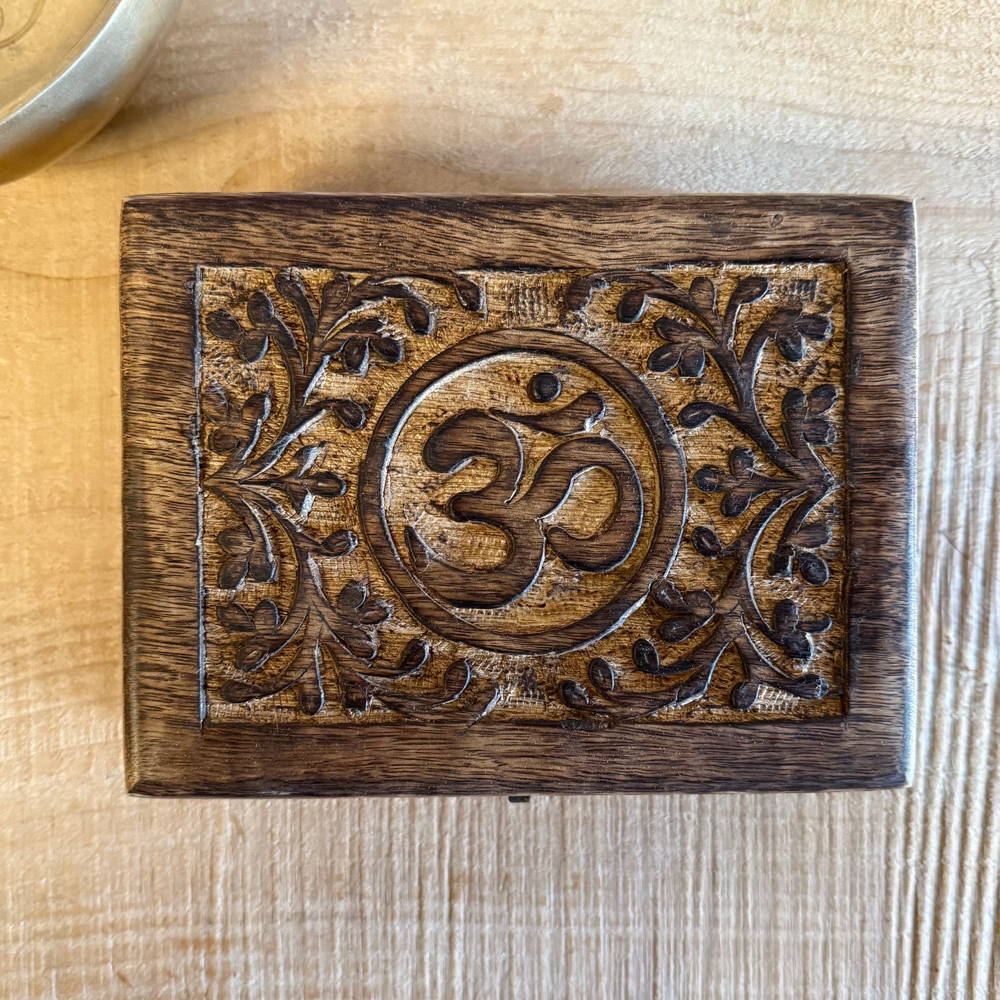 Hand-carved wooden keepsake box with Om design, mango wood storage box