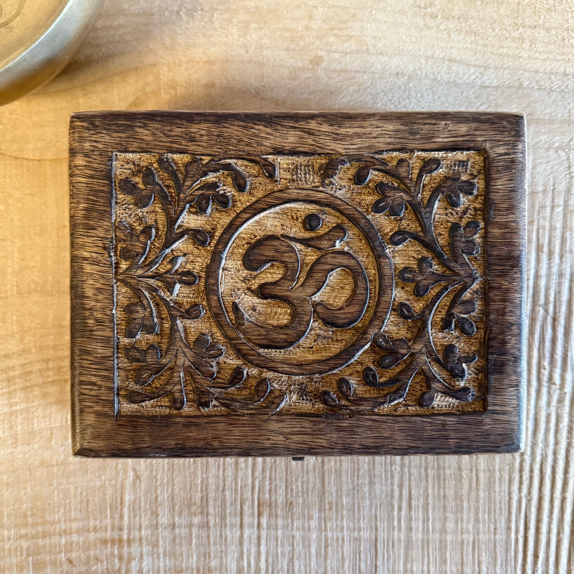 Hand-carved wooden keepsake box with Om design, mango wood storage box