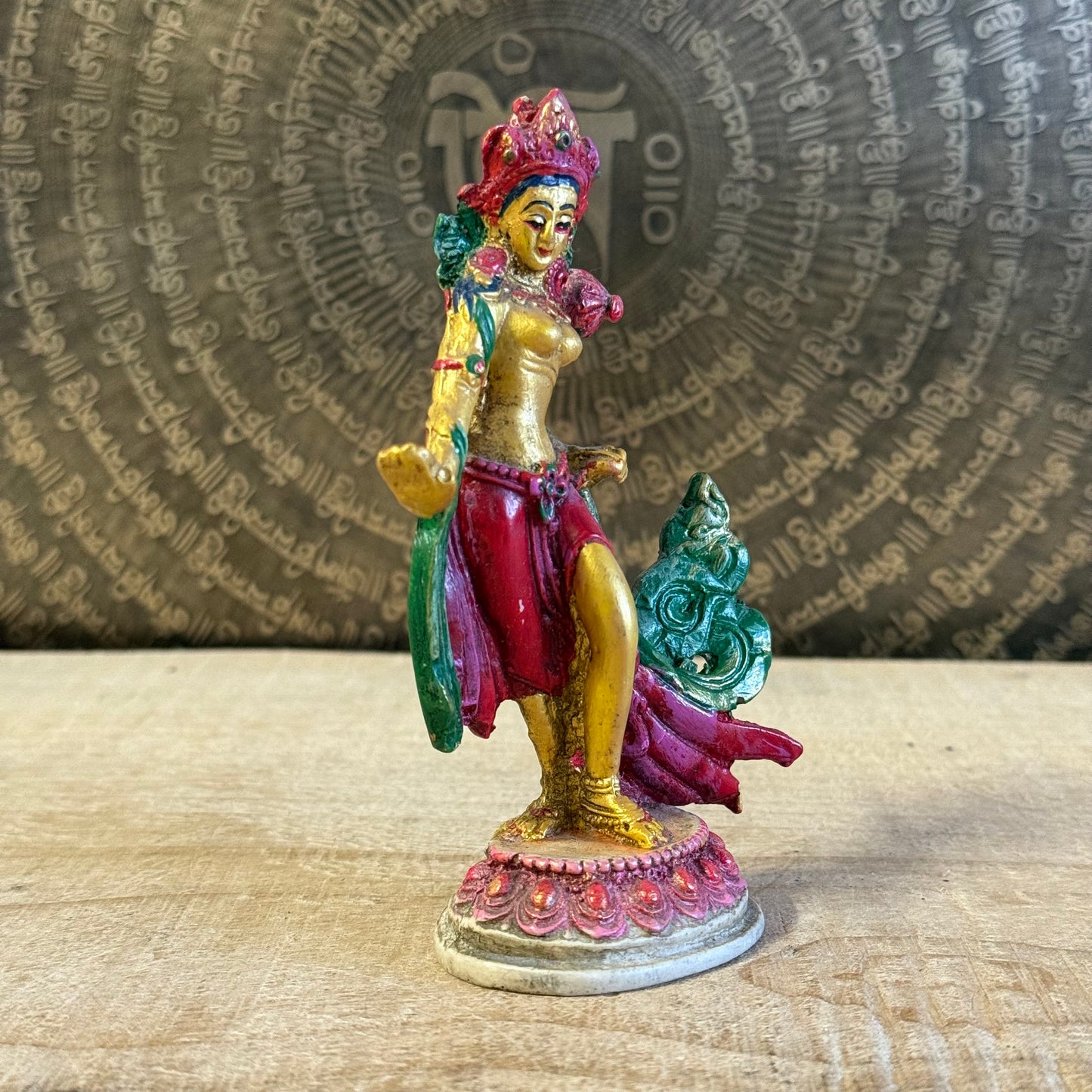 Hand-painted 13cm Green Tara statue in standing pose with varada mudra