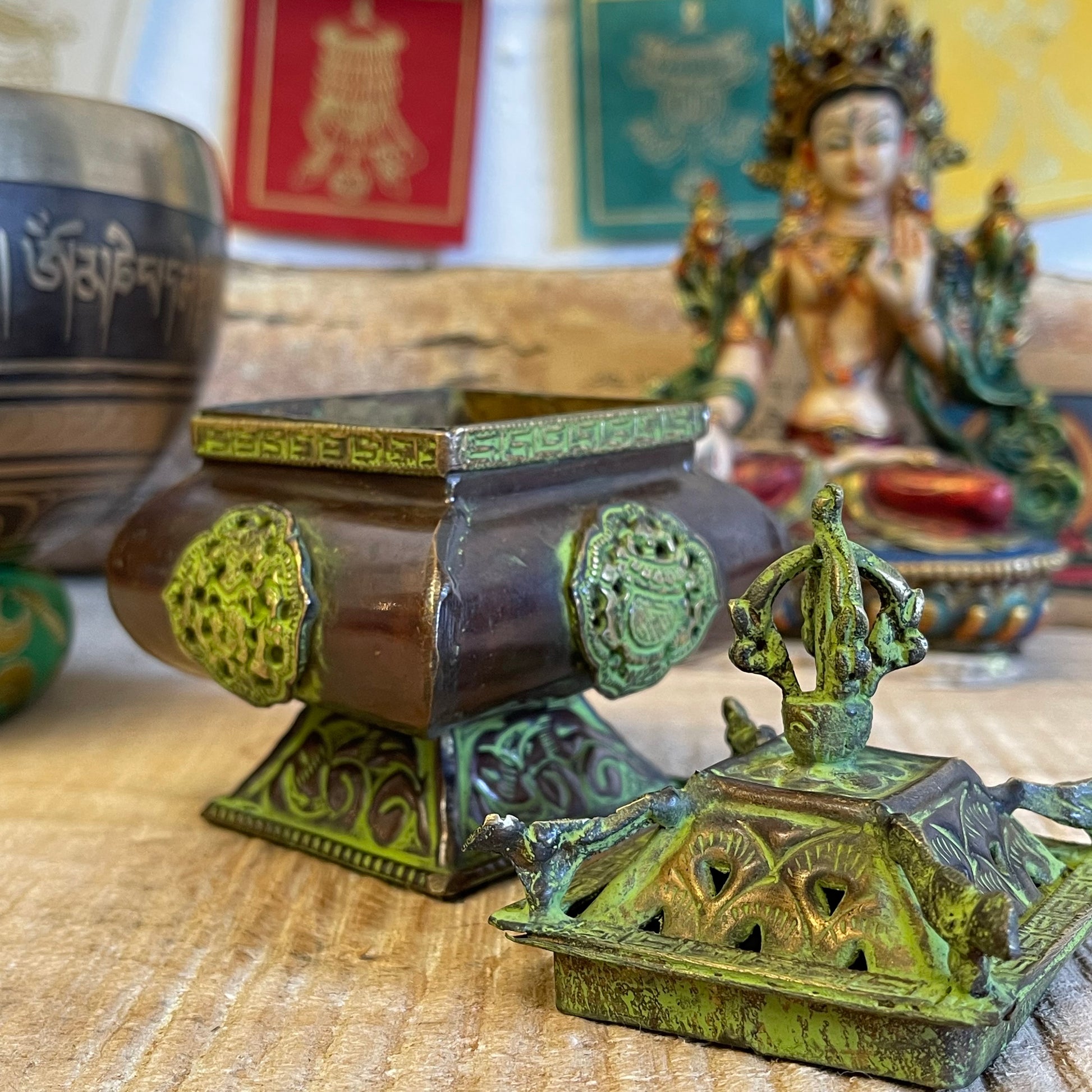 Brass Verdigris Tibetan Burner - Four Symbols Square Standing Pot