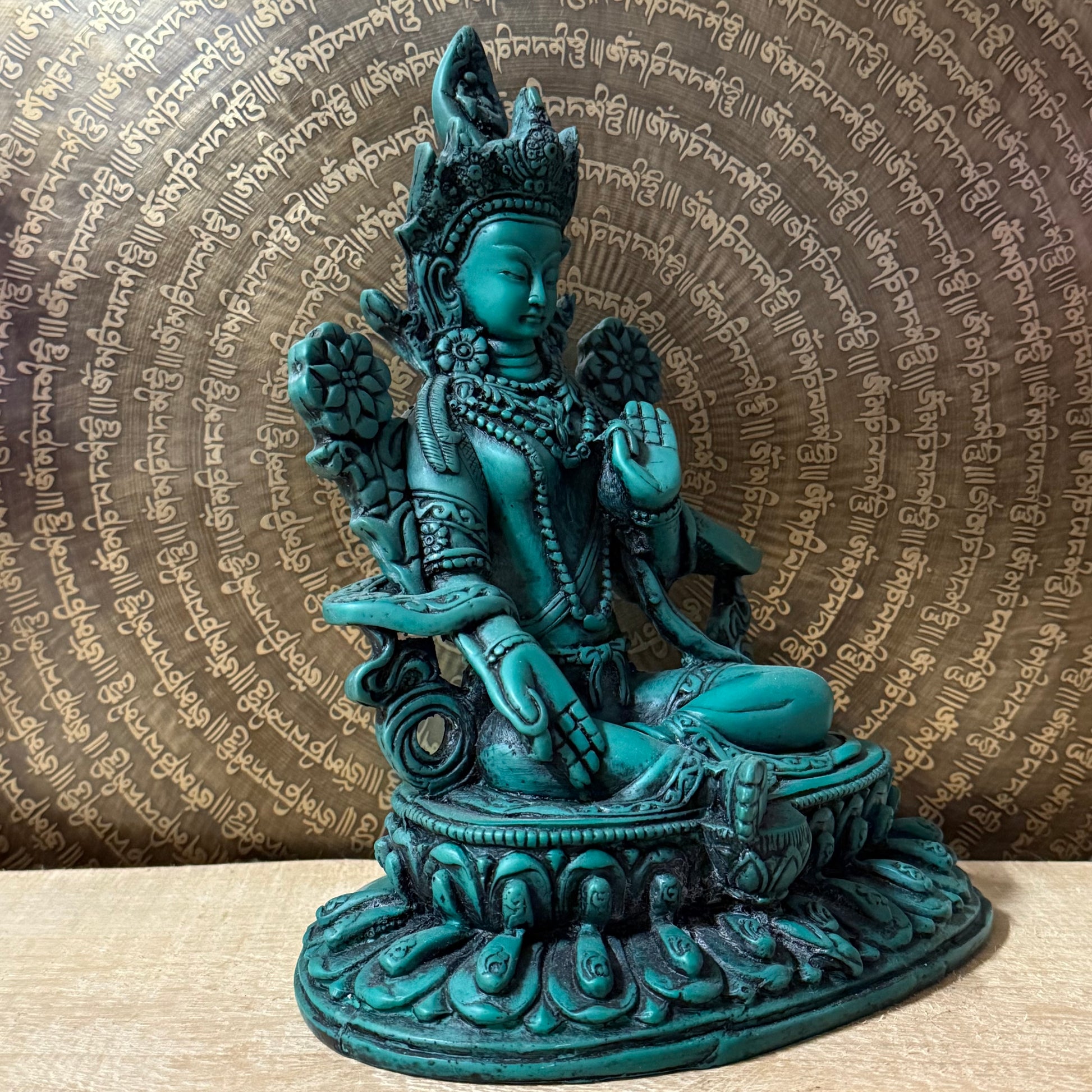 Green Tara 24cm green resin statue with detailed sacred mudras.