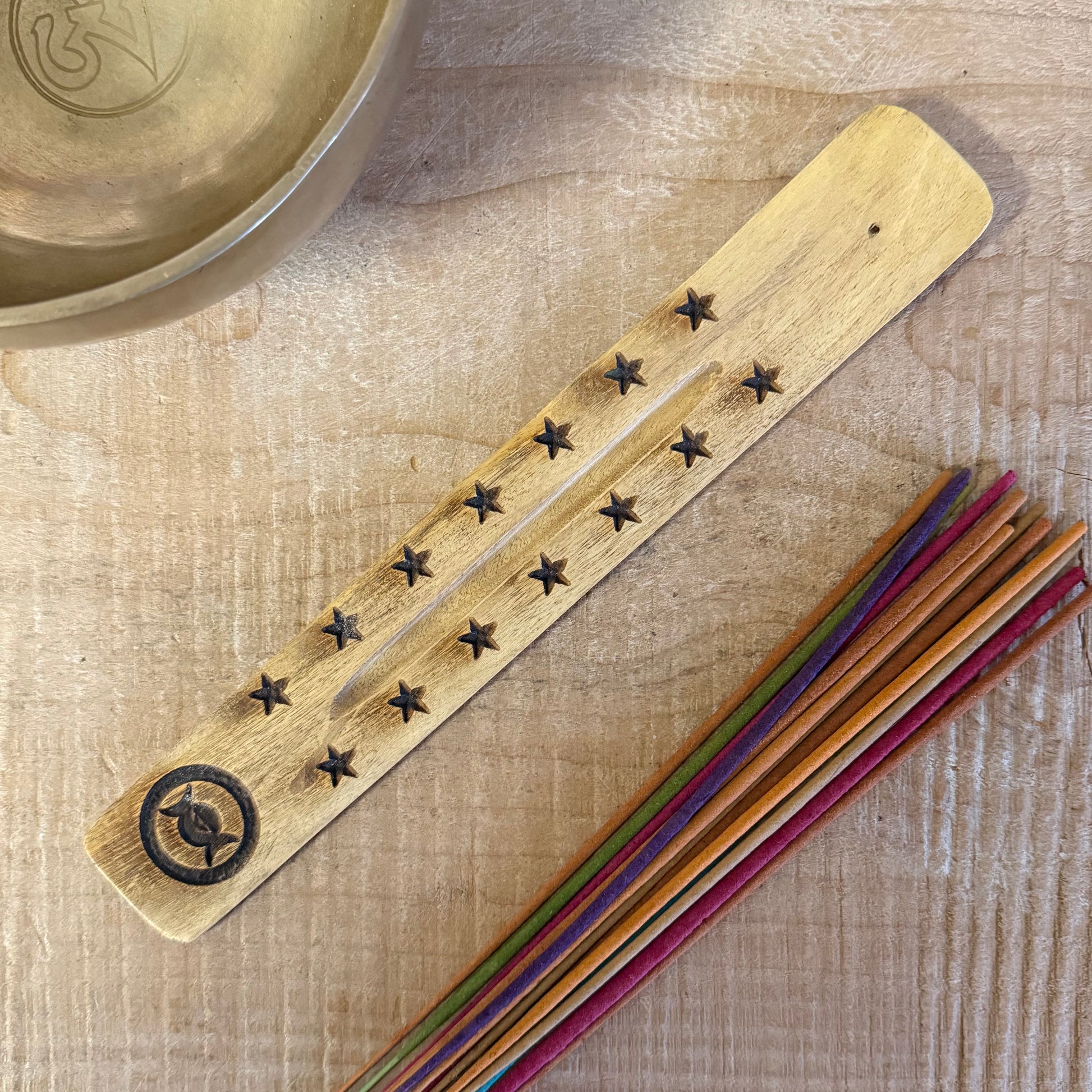 Natural mango wood incense stick holder with hand carved Triple Moon design 26cm