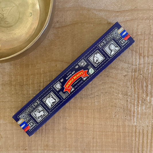 Satya Super Hit Purple Beauty incense sticks, sandalwood based Indian incense, hand rolled