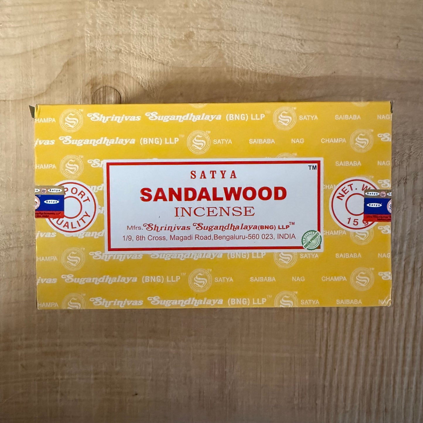 Satya Sandalwood incense sticks 15g from the Nag Champa Collection. Hand-rolled sandalwood masala incense for meditation and ritual use.