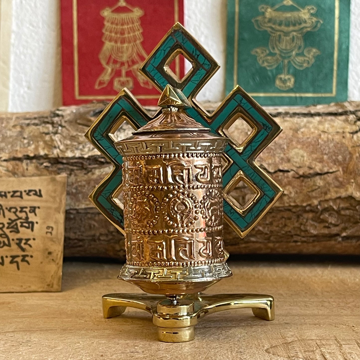 Endless knot prayer wheel with Om mantra (desk top) 12.5 cm