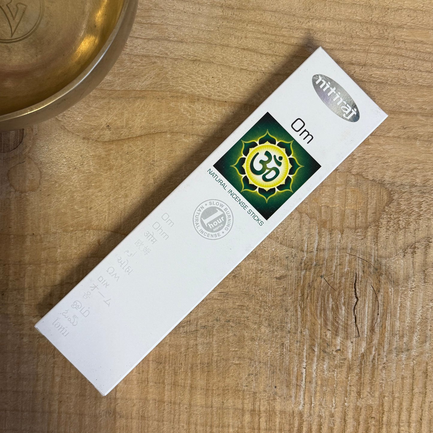 Nitiraj Platinum Om natural slow-burning incense sticks.