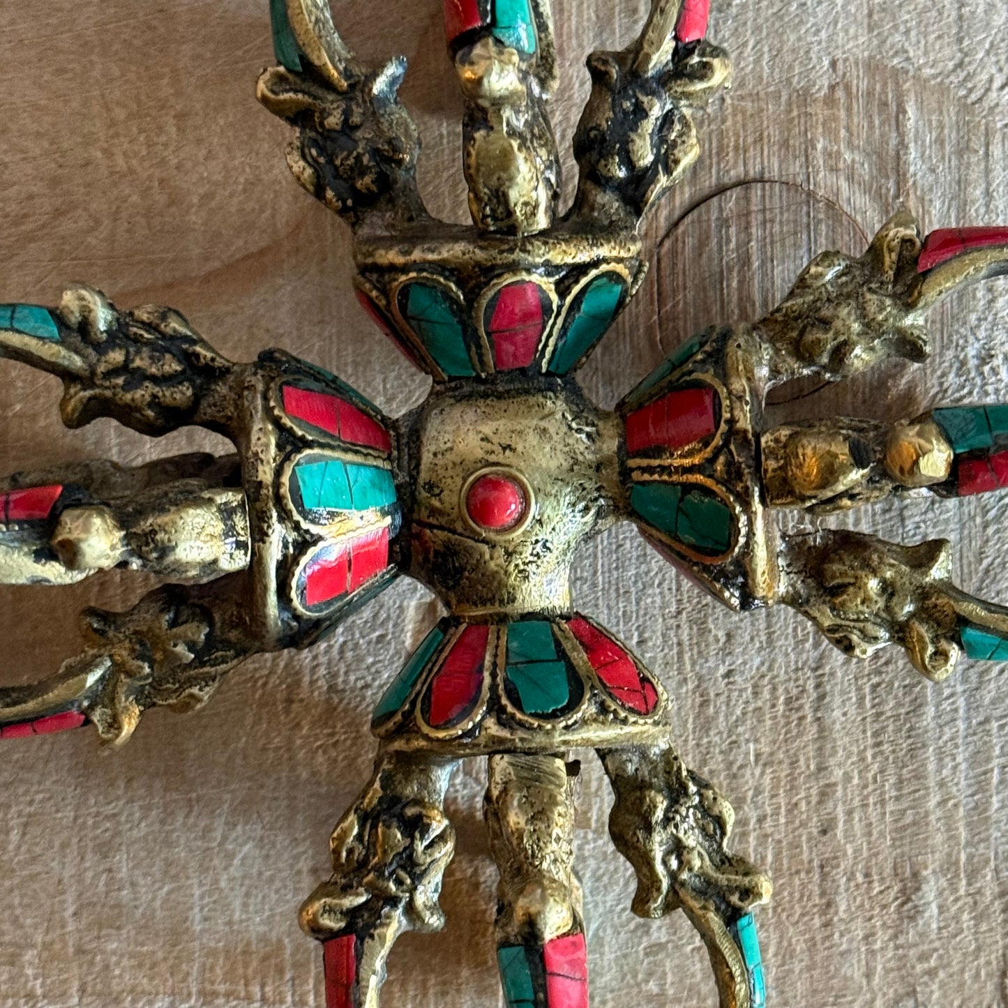 Handmade Flower Double Dorje vajra in solid brass with turquoise inlay. A powerful Tibetan Buddhist ritual object for altar and meditation use.