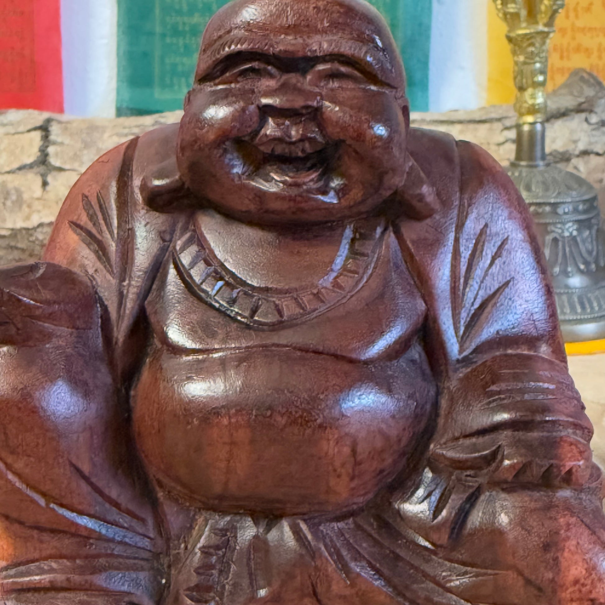 Invite joy & prosperity with our hand-carved Solid Laughing Buddha statue, crafted from durable Raintree wood. Perfect for home decor, meditation spaces, or meaningful gifts. Shop now