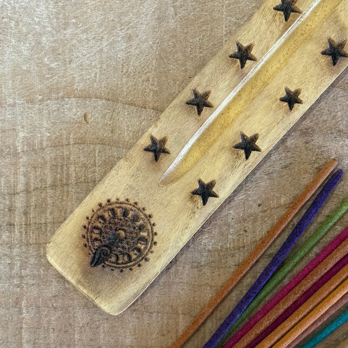 Natural mango wood incense stick holder with hand carved Moon Goddess design 26cm