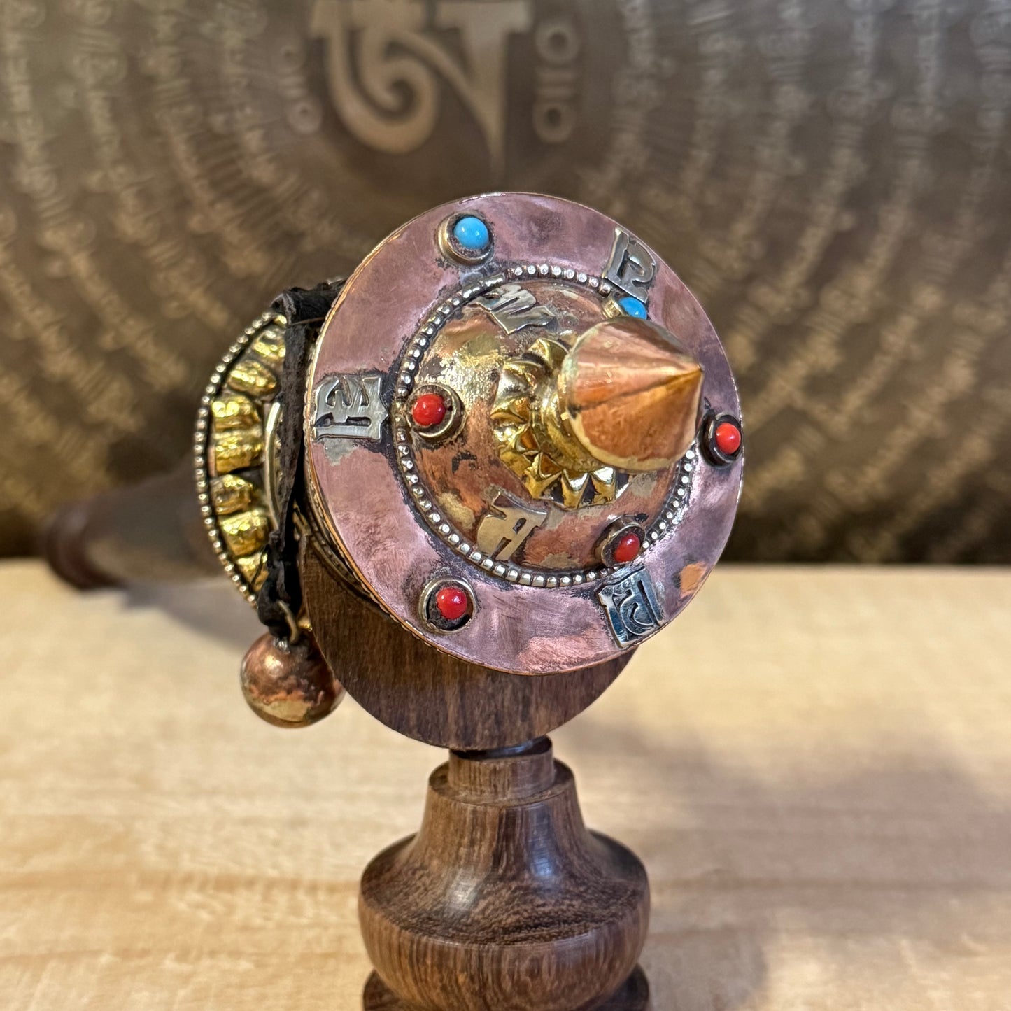 Medium Tibetan Prayer Wheel with Om Mani Padme Hum mantra scroll, hand-held Mani wheel from Nepal