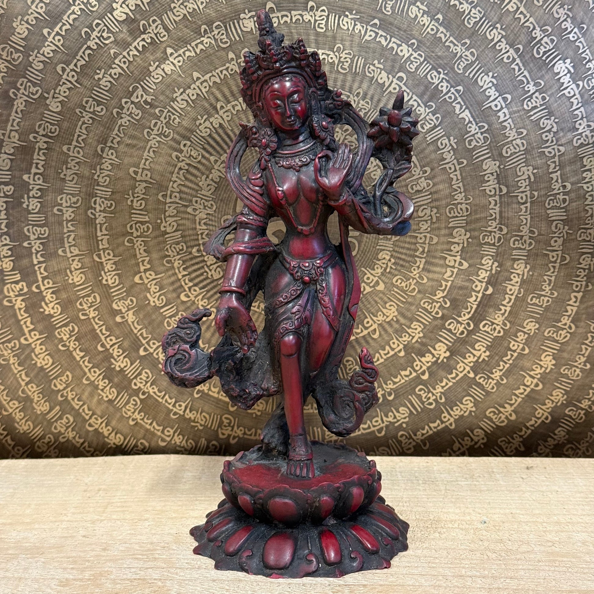 Standing Green Tara Buddha Resin Statue, 21cm, handcrafted in Nepal, Bodhisattva of compassion and wisdom.