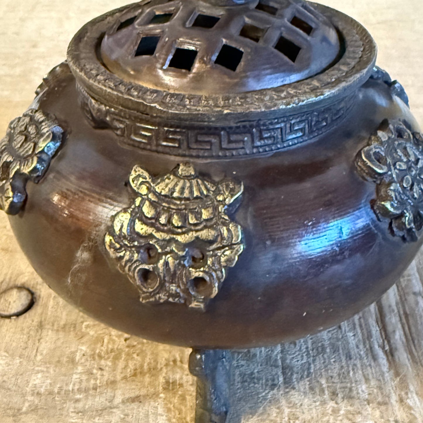 Brass Tibetan Incense Burner Six Symbols Standing Pot with Dragon Feet
