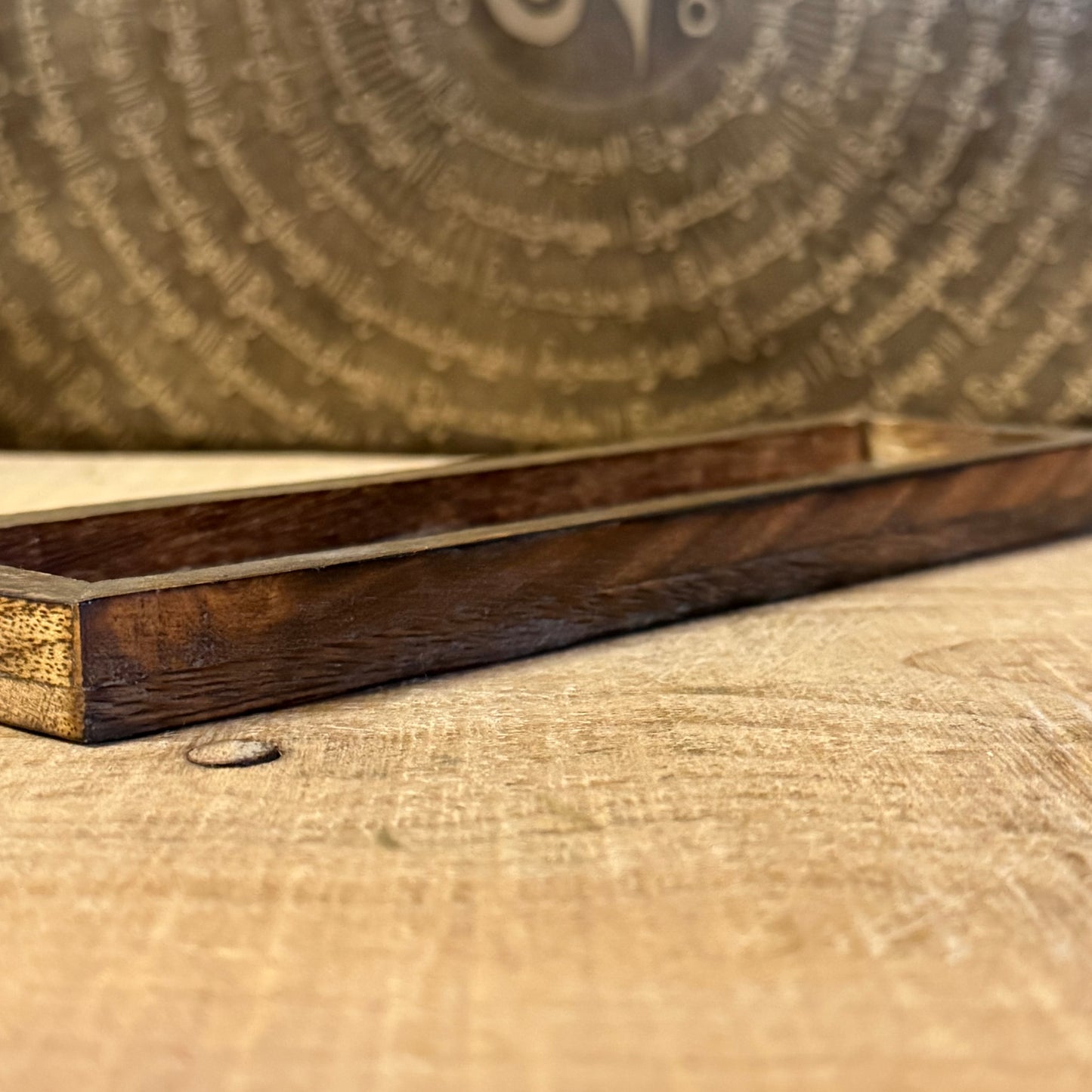 Zodiac incense holder and crystal tray in gold-stamped mango wood. A celestial ritual accessory for incense, crystals, and altar use.
