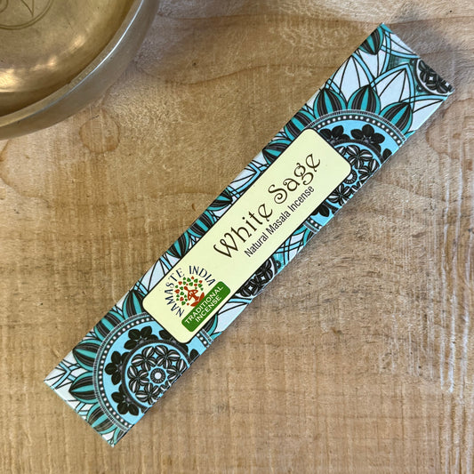 Nag Champa incense sticks by Namaste India. Rich, earthy aroma ideal for meditation, rituals, and spiritual practice.