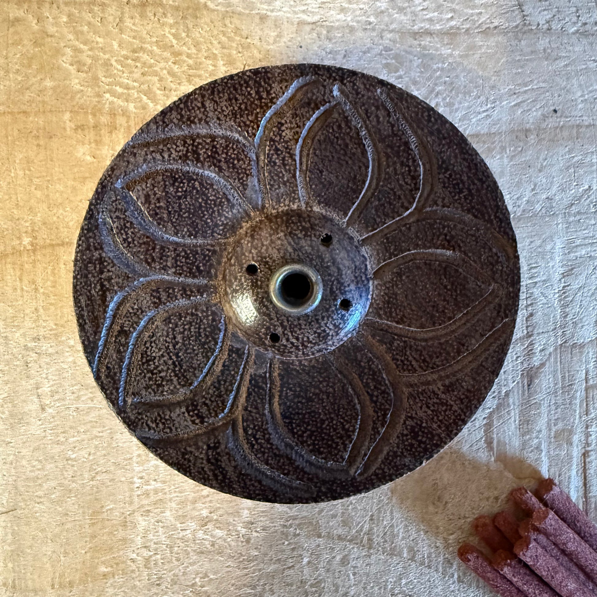 Hand-carved lotus incense holder for meditation, altar, and spiritual practice