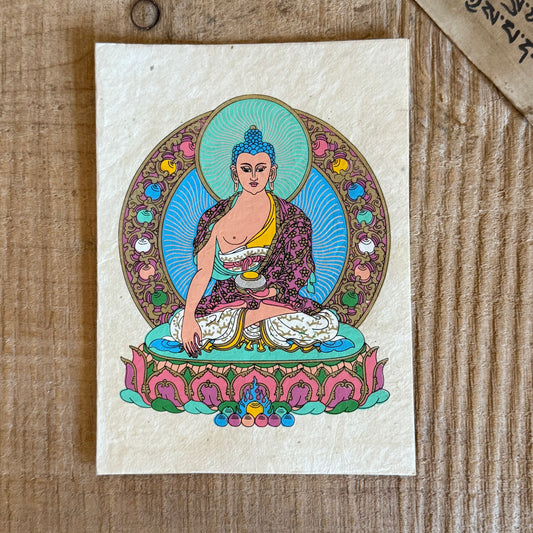 Beautifully coloured and decorated greetings card, made from Lokta paper. Lokta paper making is a traditional practice from the high altitude Himalayan forests of Nepal. The Lokta bush is a fast growing shrub and the paper making process helps to provide economic stability for some of Nepal's poorer rural people.

Buddhist design Lokta paper card with envelopes
Made from a sustainable plant source
Fair Trade from Nepal

Size: 15.5 x 11.5 cm