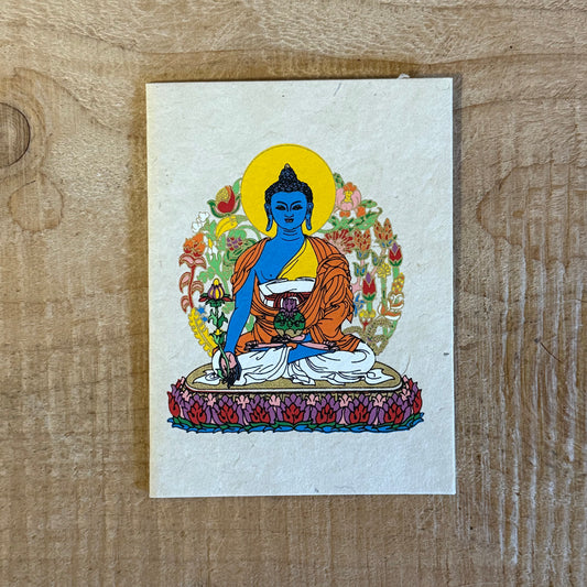 Handmade Medicine Buddha Lokta Paper Greeting Card featuring traditional Buddhist healing artwork.