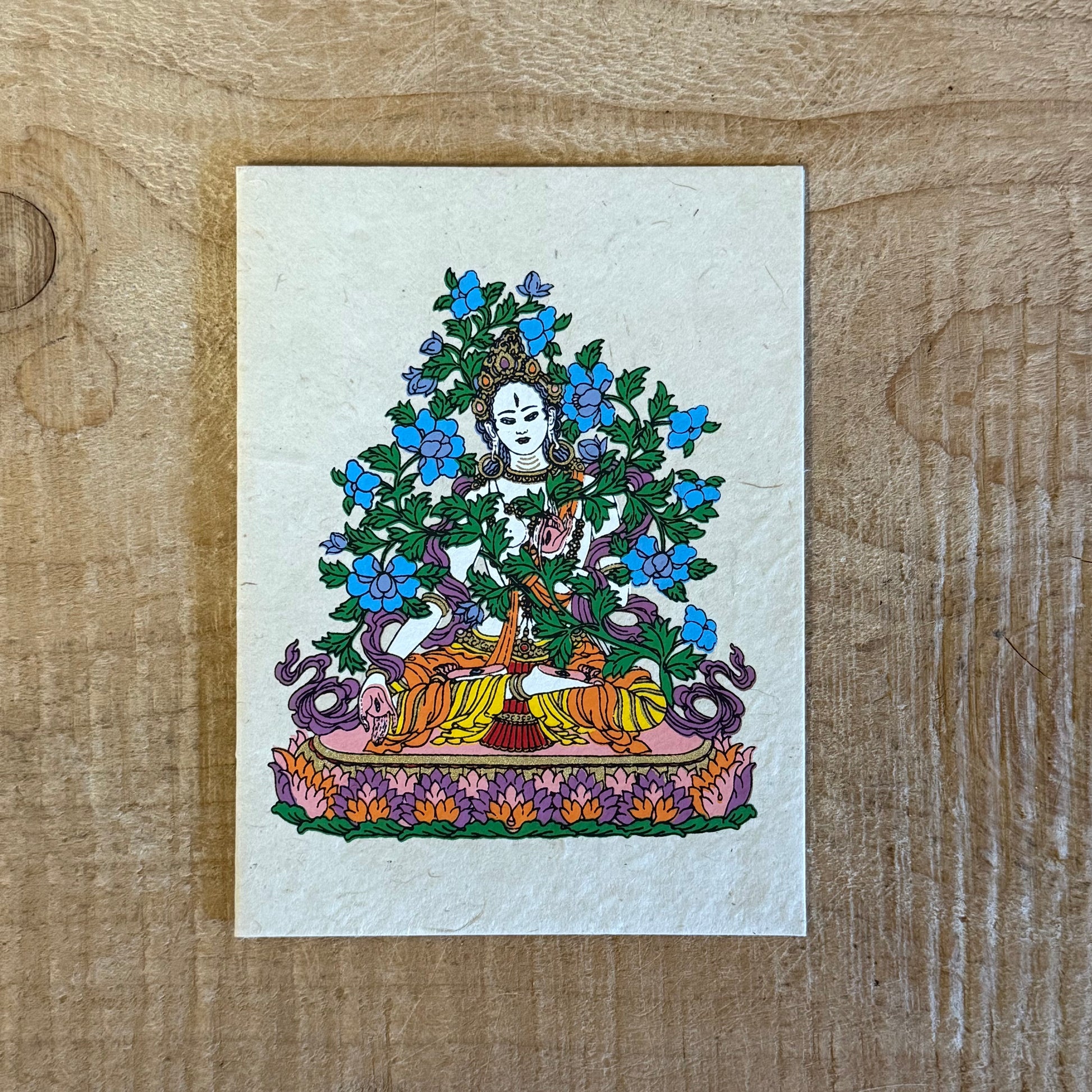 Handmade White Tara Lokta Paper Greetings Card from Nepal. Sustainable, fair trade, and spiritually inspired. Includes envelope. Ideal for sacred gifting.