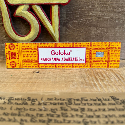Immerse yourself in the timeless aroma of Goloka Nag Champa, a sacred blend of herbs, resins, spices, and essential oils, hand-rolled using traditional methods passed down through generations.

Lighter than the classic Satya version, this delicate fragrance is ideal for meditation, prayer, and quiet reflection. The scent gently lingers, filling your space with a soft, spiritual atmosphere that uplifts and soothes the soul.

Each incense stick is a symbol of devotion — made with love and care by Goloka Seva 
