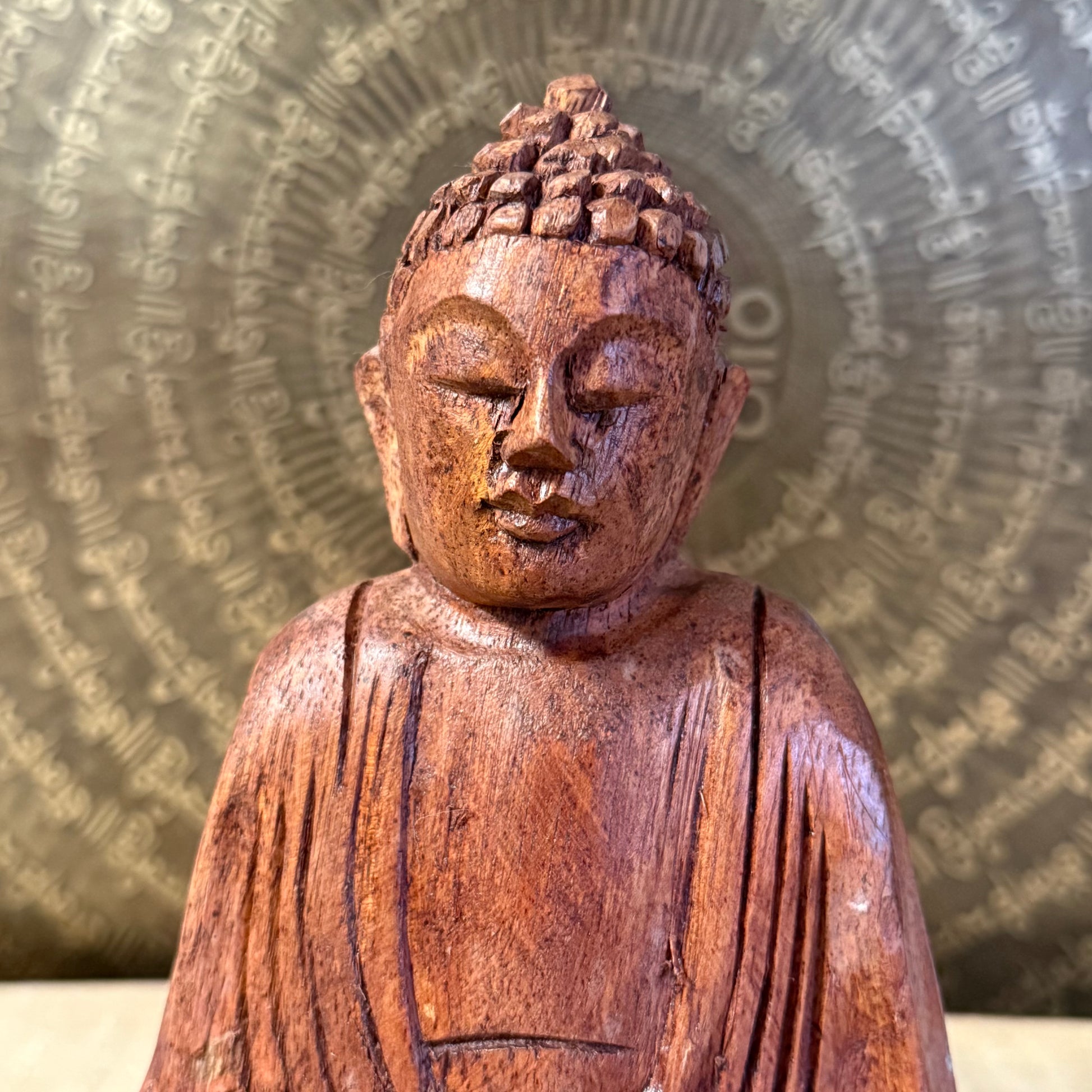 Hand carved 15cm wooden Buddha statue from Bali in the Dhyan Mudra. A serene meditation figure perfect for altars, sacred spaces and spiritual practice.
