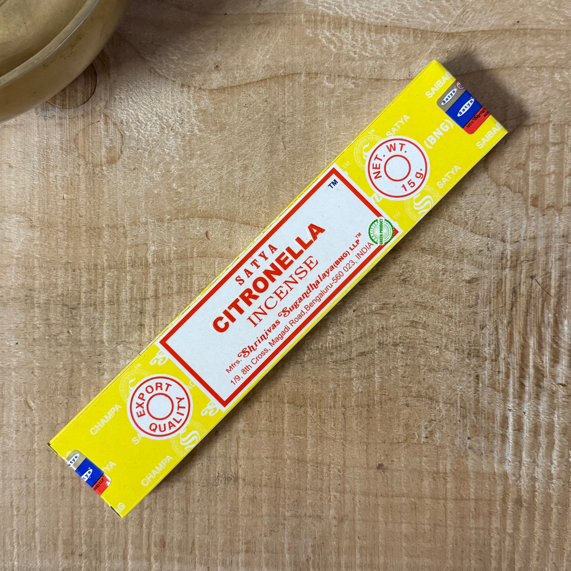 Satya Citronella incense sticks 15g from the Nag Champa Collection. Hand-rolled sandalwood masala incense for cleansing and meditation.