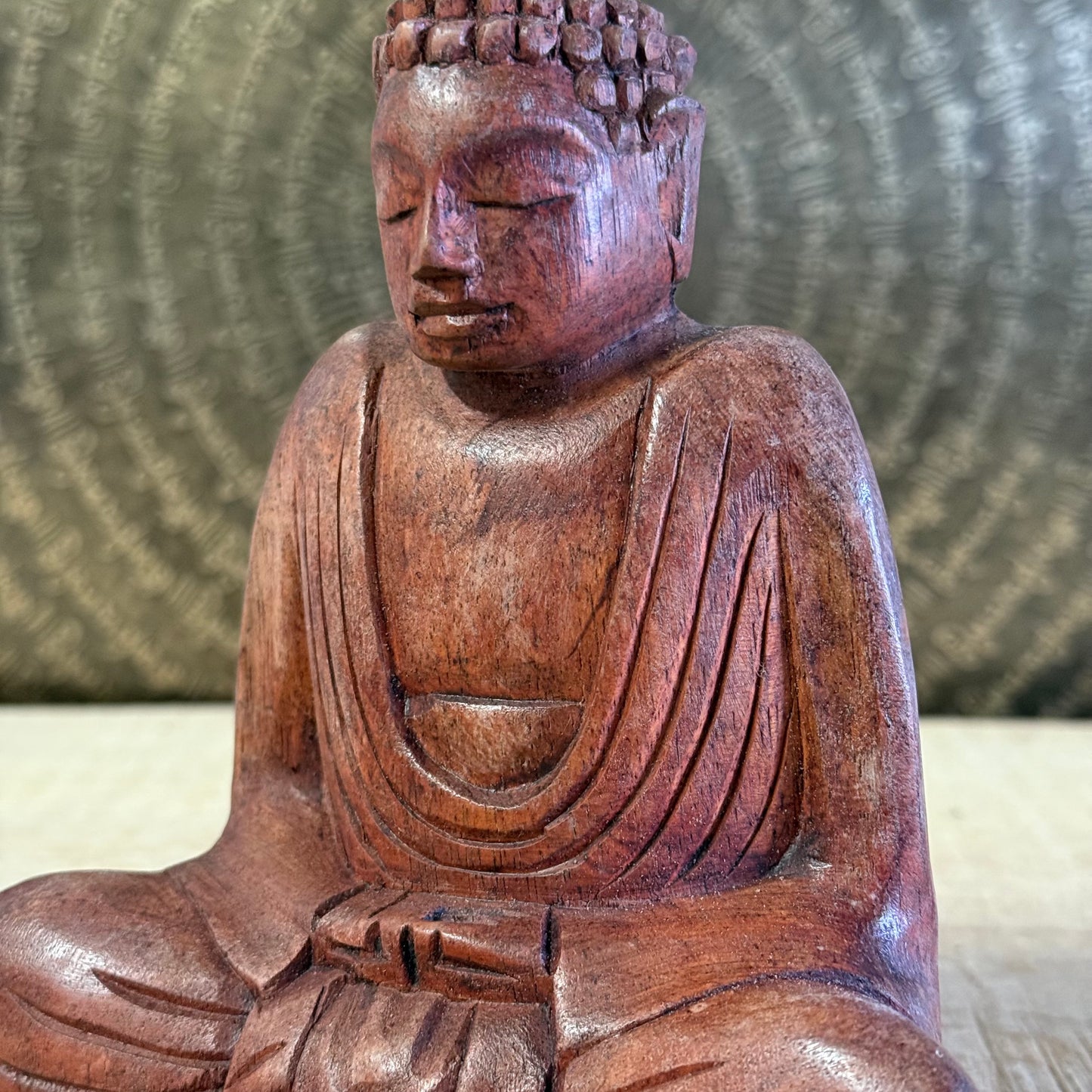 Hand carved 15cm wooden Buddha statue in Dhyan Mudra made from Raintree wood