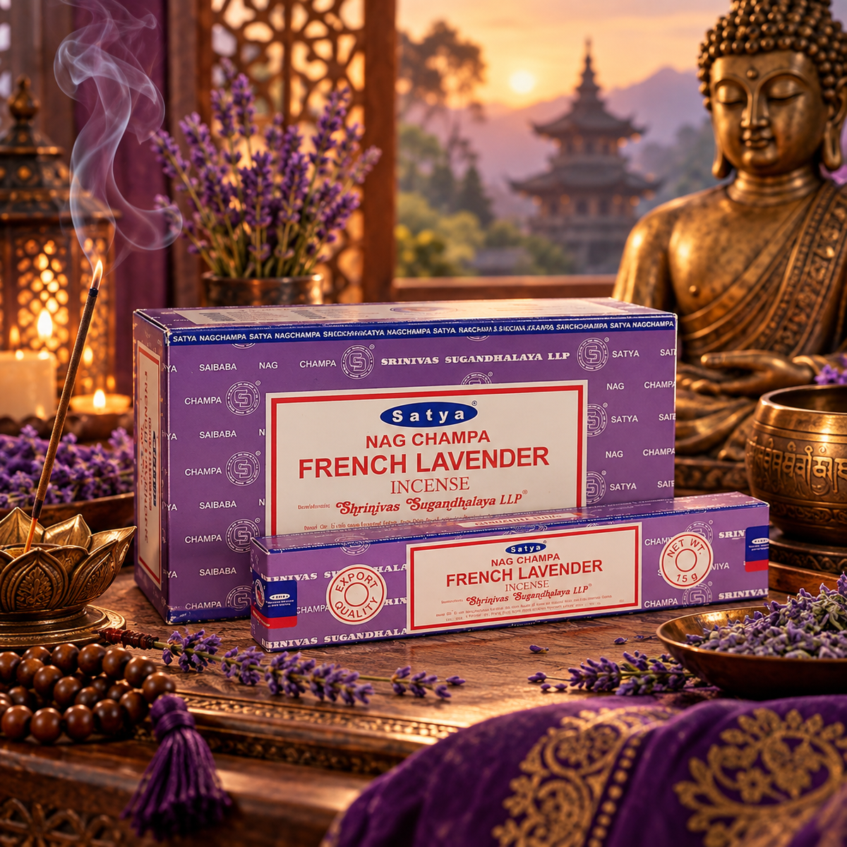 Satya Nag Champa French Lavender Incense Sticks, 15g box with approx. 12 sticks. A calming floral fragrance ideal for meditation and relaxation.