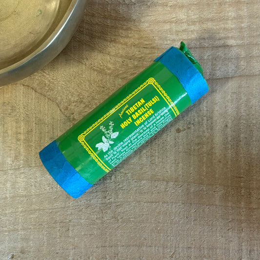 "Ancient Tibetan Holy Basil Tulsi Incense handmade in Nepal using natural ingredients for purification, spiritual protection, focus, and uplifting meditation"