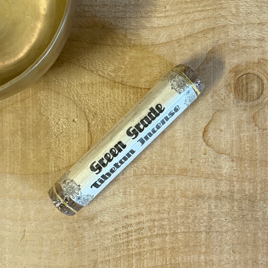 Green Grade Tibetan Incense sticks hand-rolled and wrapped in Lokta paper, handmade in Nepal.