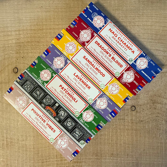 Satya incense gift set with 7 classic fragrances. Handcrafted incense sticks for meditation, yoga, relaxation, and spiritual rituals.