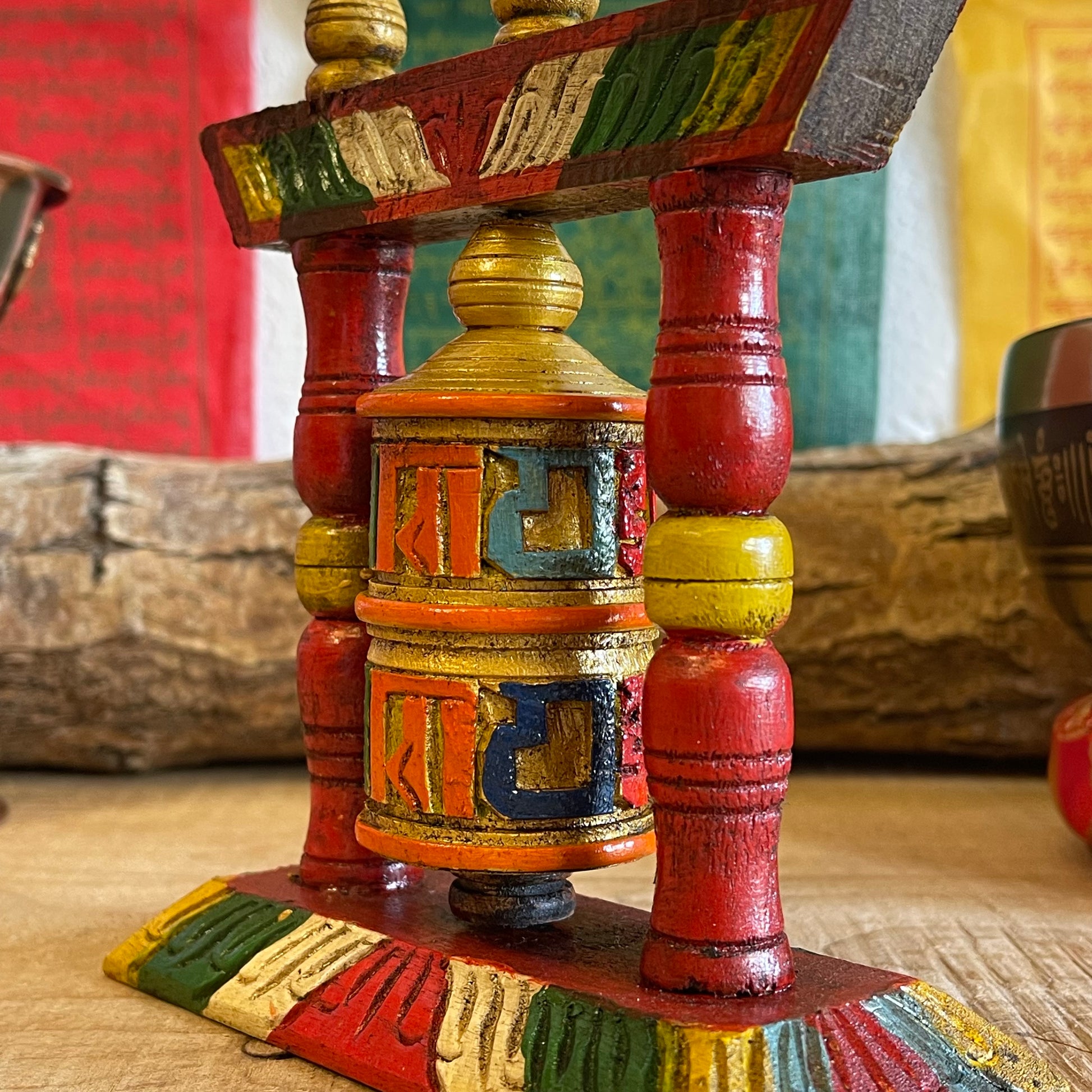 Tibetan Wooden Tabletop Prayer Wheel Small