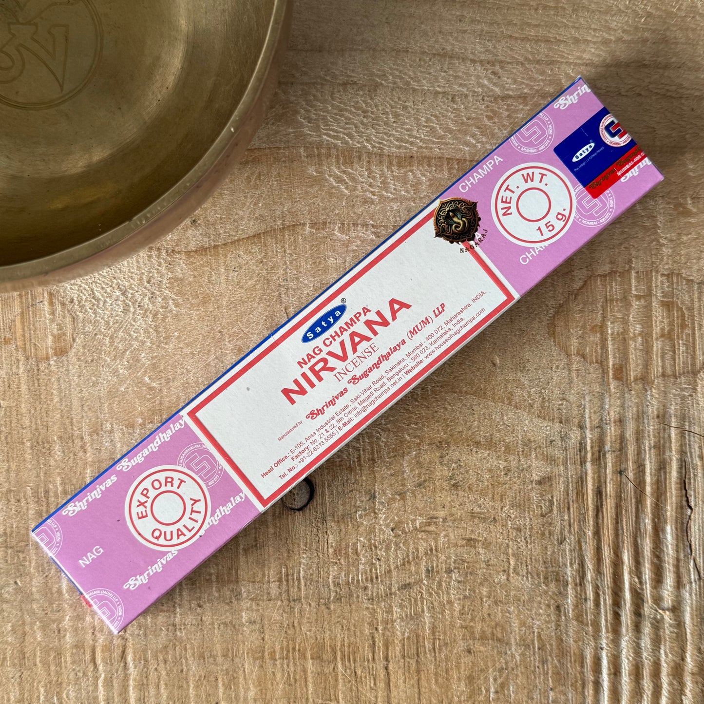 Satya Nirvana incense sticks 15g from the Nag Champa Collection. Calming sandalwood masala incense for meditation, ritual, and inner peace.