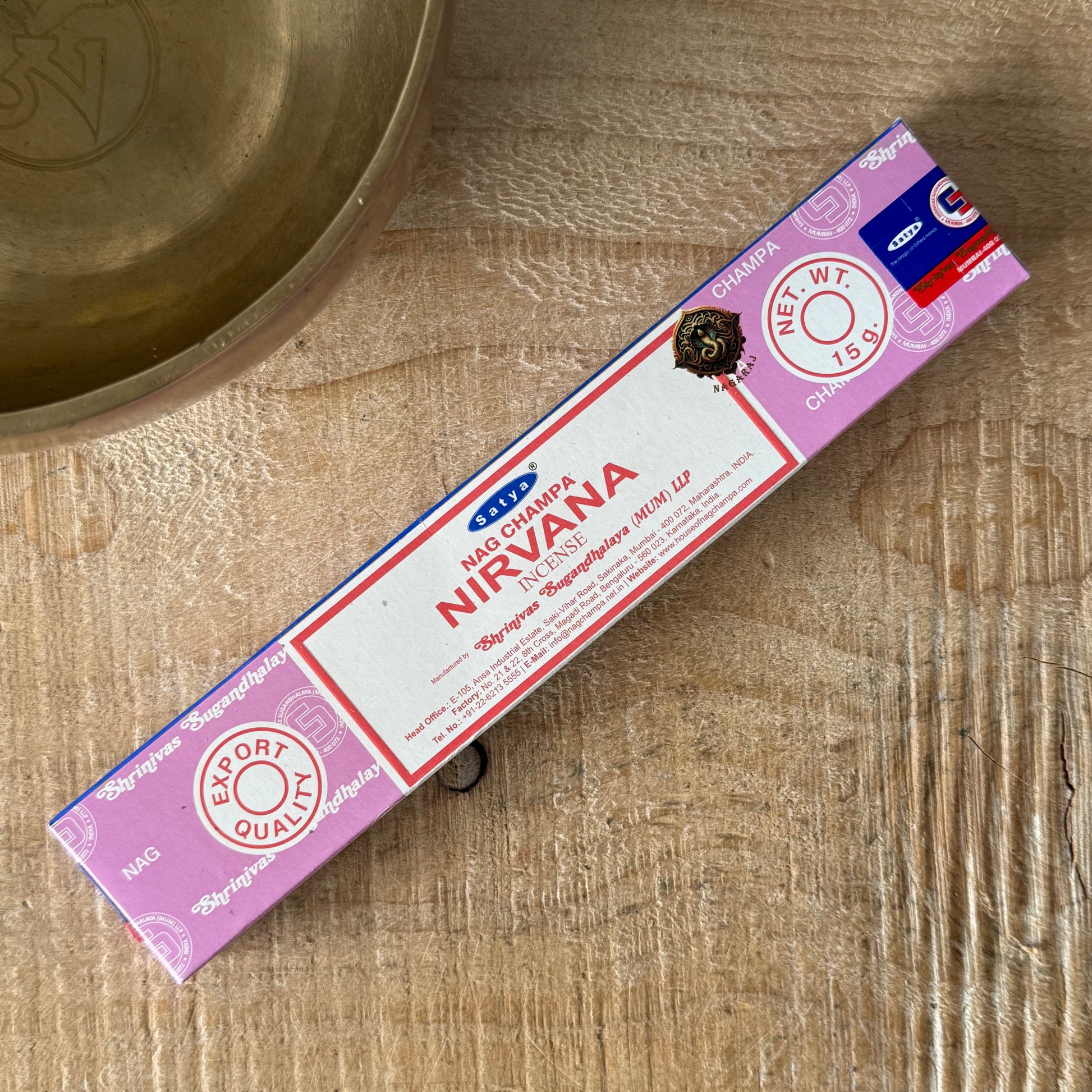 Satya Nirvana incense sticks 15g from the Nag Champa Collection. Calming sandalwood masala incense for meditation, ritual, and inner peace.