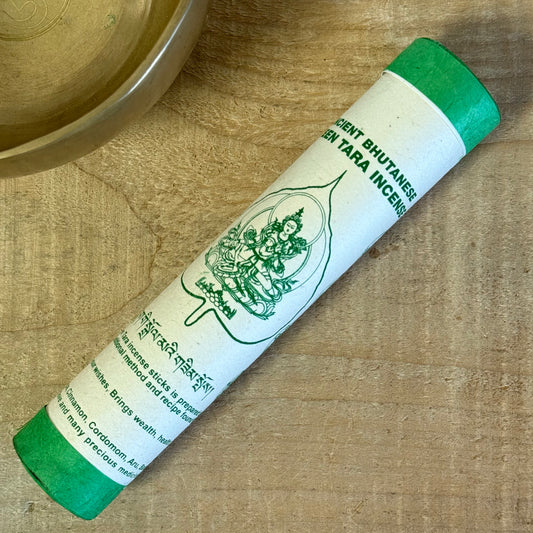 Crafted from an ancient Buddhist recipe preserved in sacred texts, this Ancient Bhutanese Green Tara Incense is a devotional offering to Green Tara, the swift protector and granter of wishes. Prepared using traditional Bhutanese methods, it is believed to support the fulfillment of heartfelt intentions while inviting wealth, joy, and spiritual harmony into one’s life.