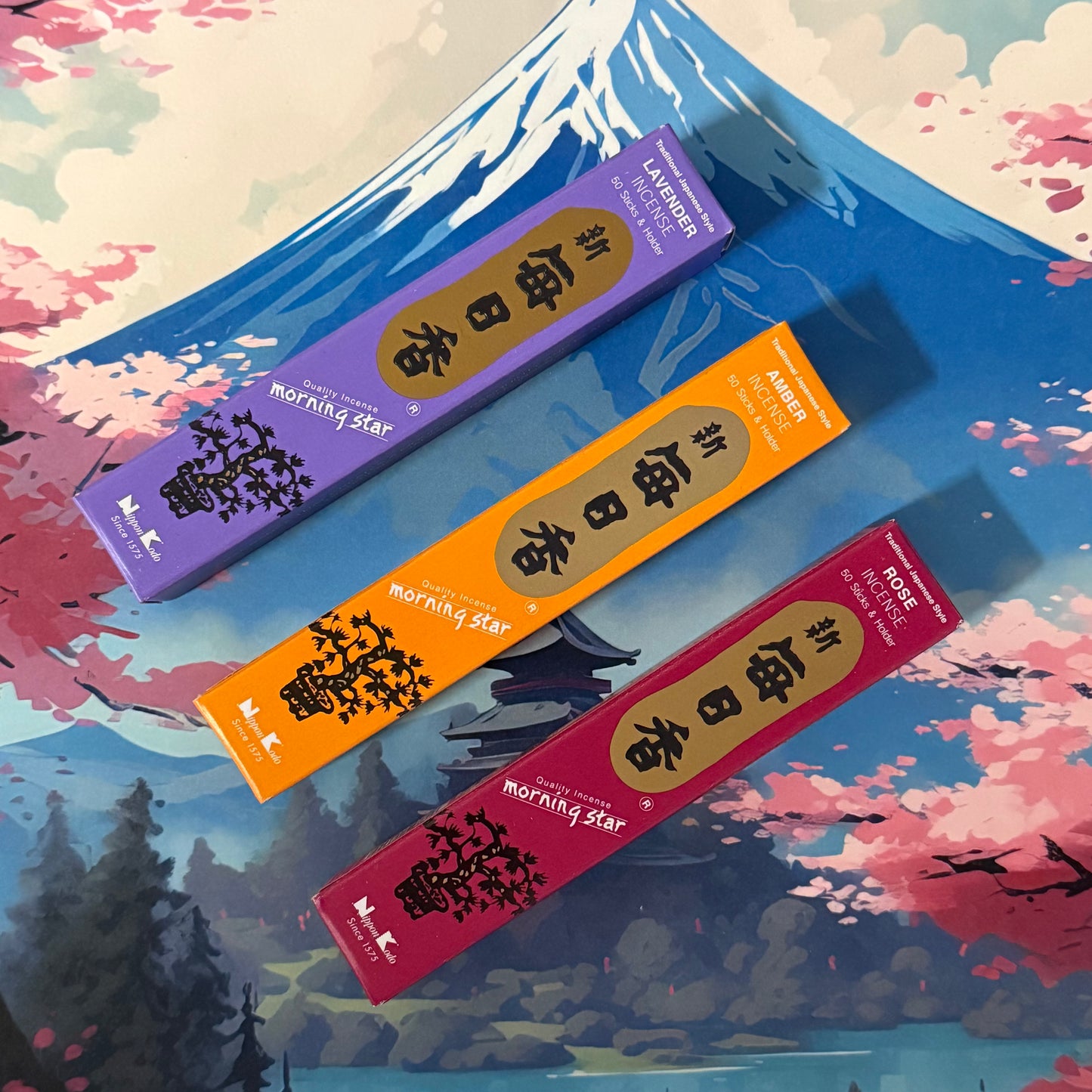 Morning Star Japanese incense gift set with Lavender, Amber and Rose sticks