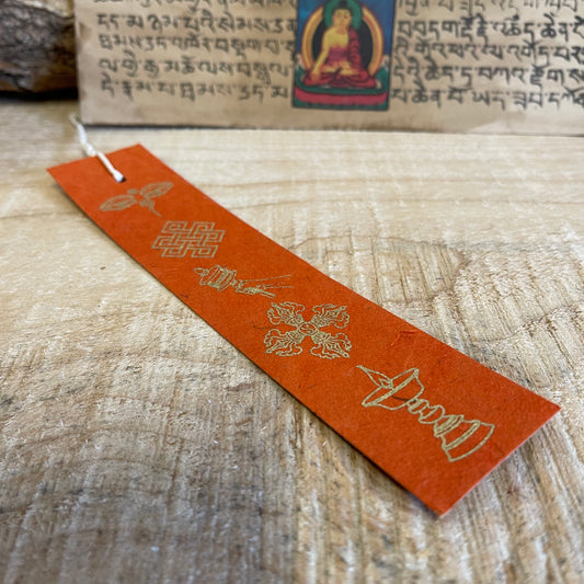 Lokta Paper Bookmark - Buddhist signs Orange