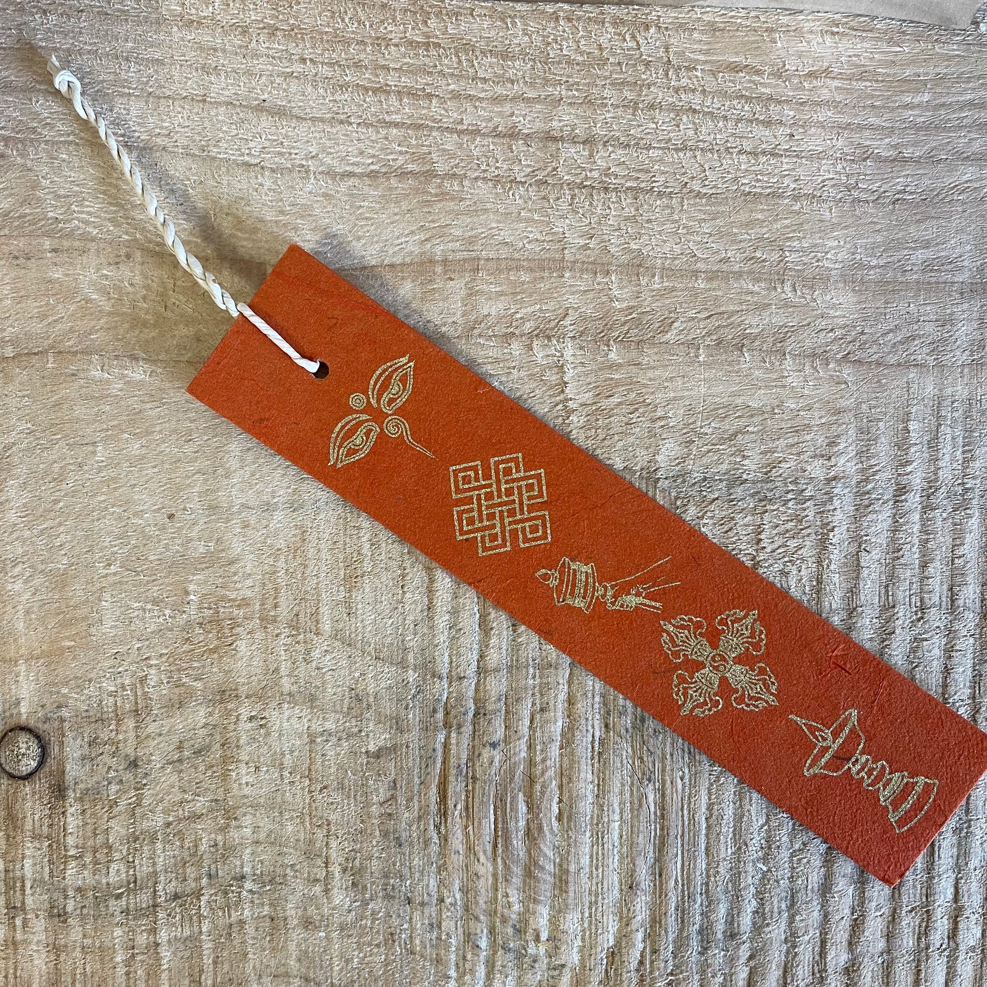 Lokta Paper Bookmark - Buddhist signs Orange