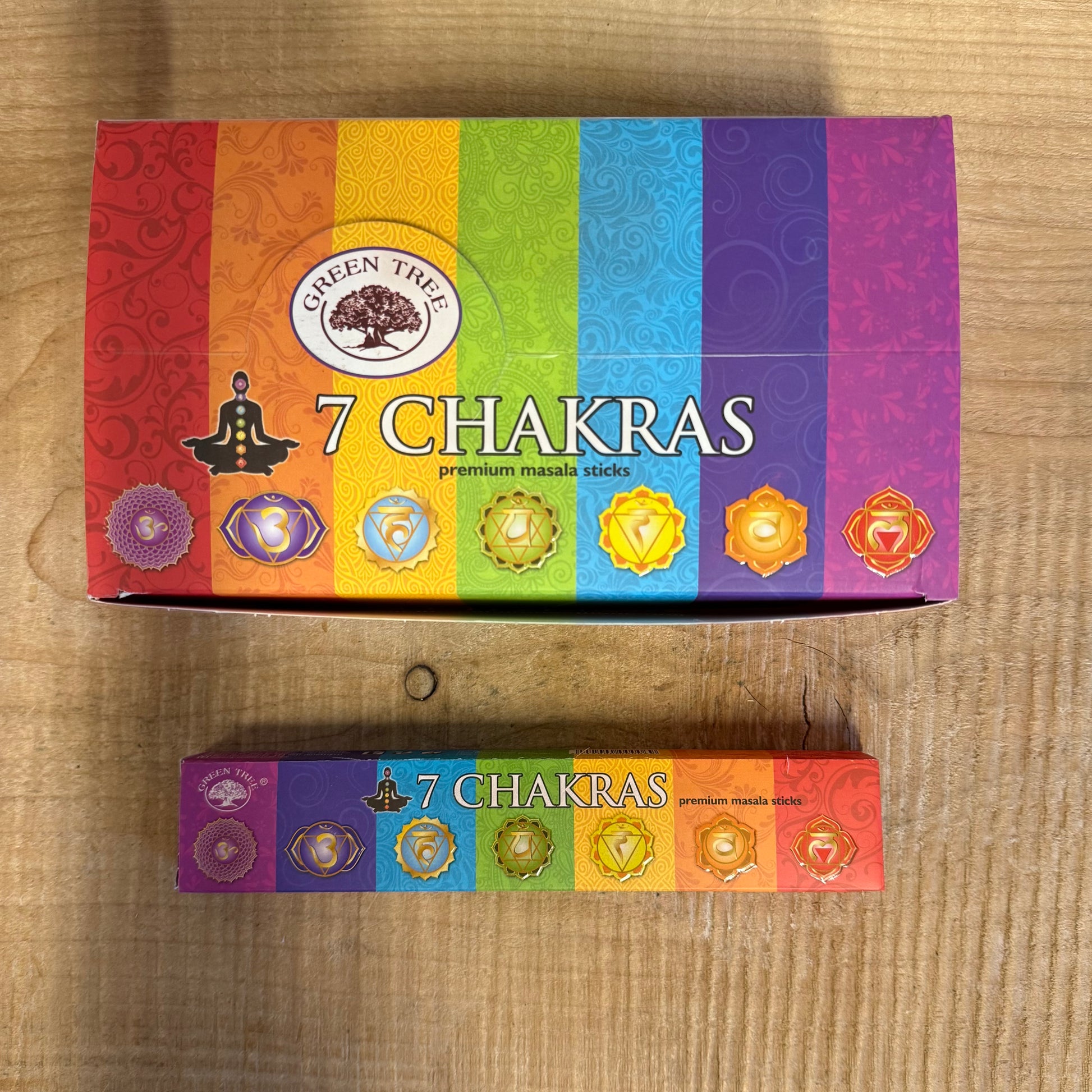Green Tree 7 Chakra hand-rolled incense sticks, 15g pack, Indian spiritual aroma.