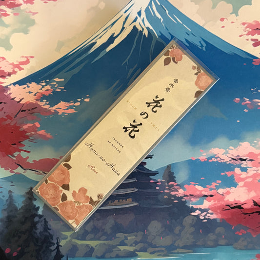 Hana No Hana Rose incense from Japan. A refined blend of rose, vanilla, and white sandalwood with soft spicy notes and a clean burn.