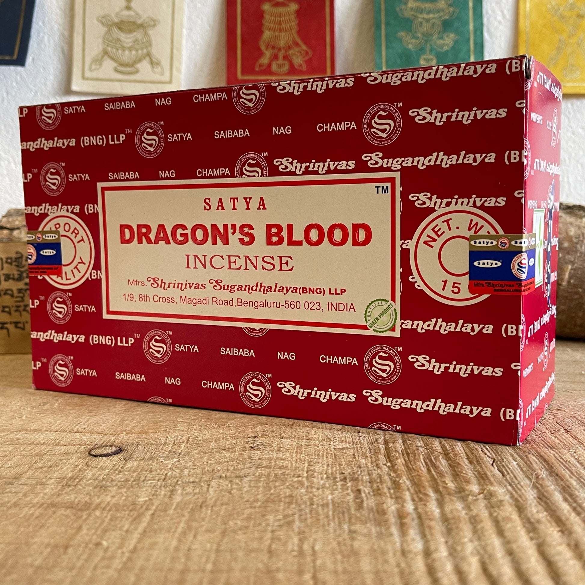 Dragons Blood Incense from the Shrinivas Sugandhalaya factory. The Nag Champa Collection is the most famous brand of incense in the world by far. It is traditionally made from a sandalwood base to which are added a variety of flower oils. The brand is used everywhere in Buddhist temples as a wonderful aid to personal meditation in ritual or spell work as part of a cleansing or just to create a wonderful relaxed and pleasant ambience in the home.&nbsp;