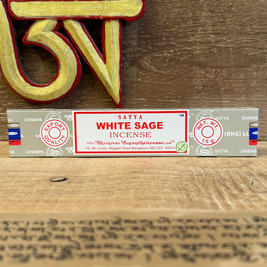 Satya White Sage Incense – hand-rolled in India. Purify your space, clear energy, and prepare for meditation with this sacred, refreshing aroma.