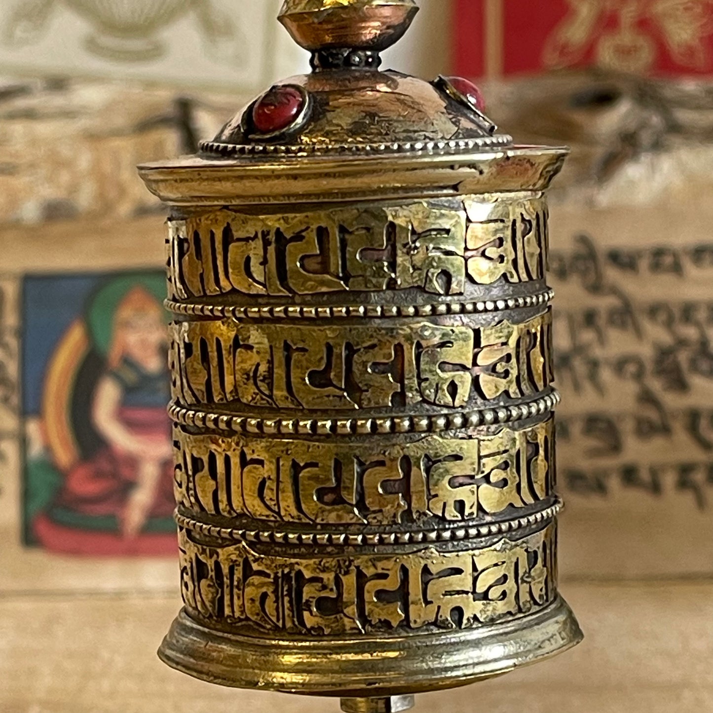 Mini 4 line Mantra Table Top prayer wheel Red Stone