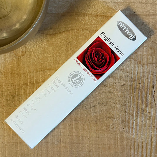 Nitiraj Platinum English Rose Incense. Natural, slow-burning, fair-trade sticks hand-rolled in India. Pure floral aroma for meditation and relaxation.