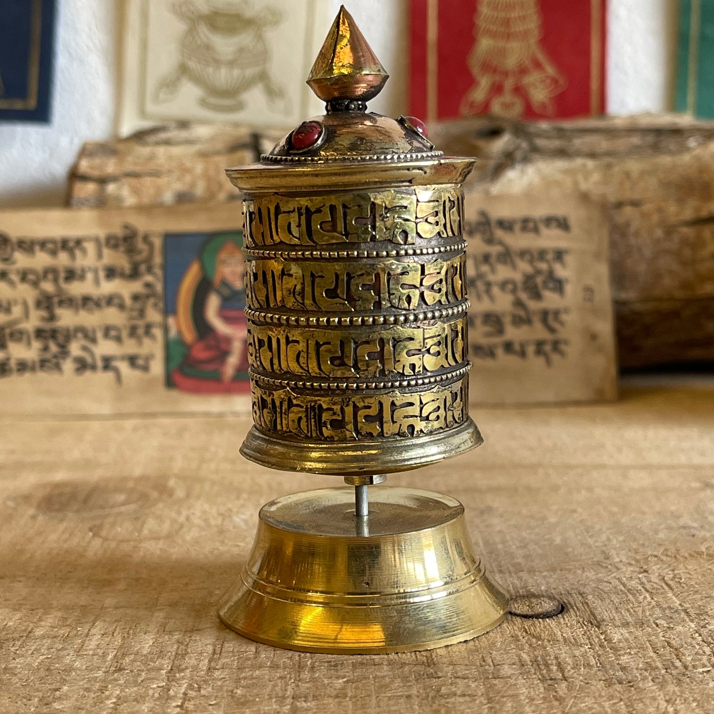 Mini 4 line Mantra Table Top prayer wheel Red Stone