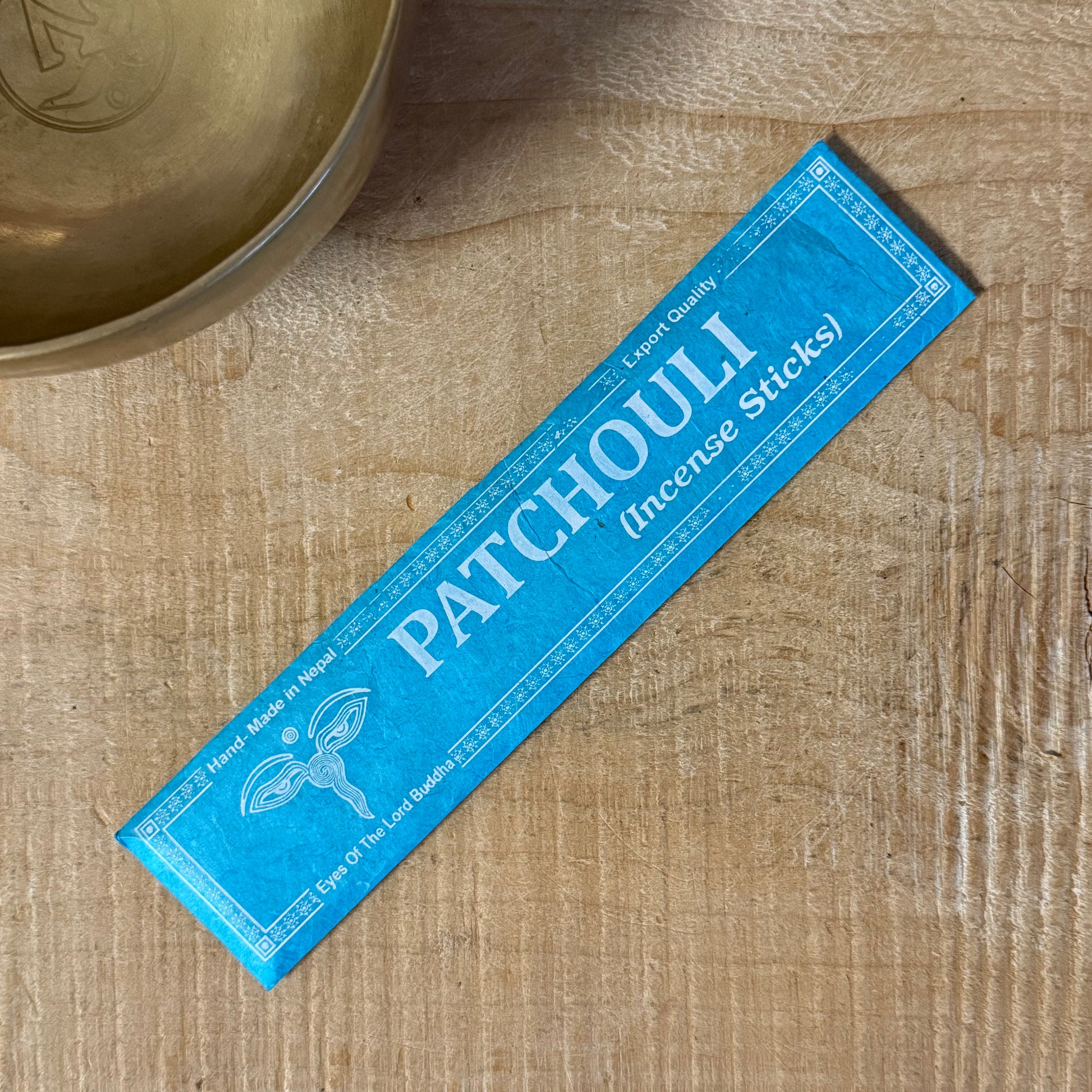 Eyes of the Lord Buddha Patchouli incense sticks in handmade lokta paper packaging from Nepal