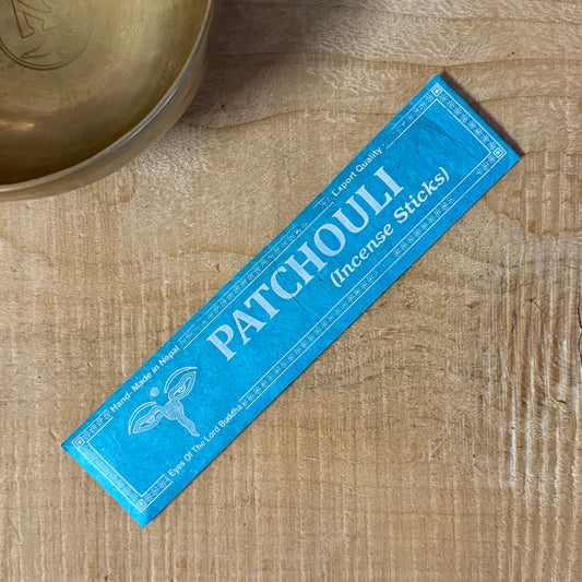Eyes of the Lord Buddha Patchouli incense sticks in handmade lokta paper packaging from Nepal